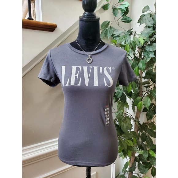 Levi's Women's Blue Cotton Round Neck Short Sleeve Logo Spell Out Shirt Size XXS - Picture 1 of 15